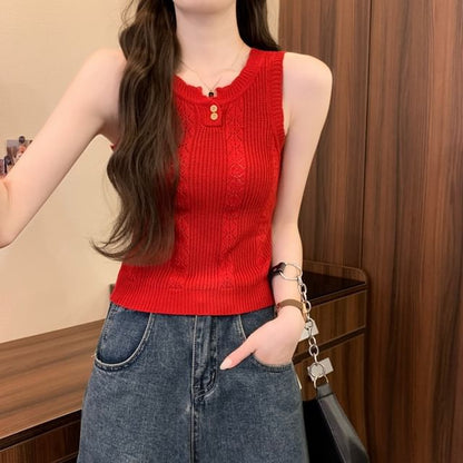 Plain Knit Crew-Neck Sleeveless Top