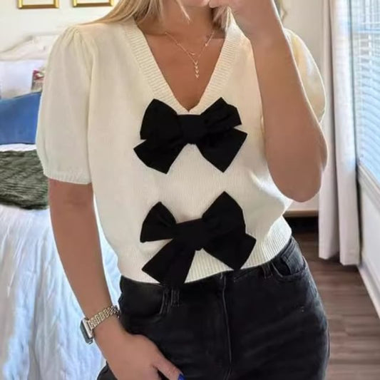 V-Neck Puff-Sleeve Crop Top Bow Accent Knit Two Tone