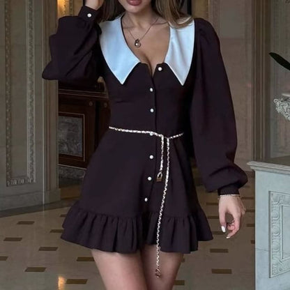 Dress A-Line Mini Ruffle Long-Sleeve Hem Contrast Collar Button-Up