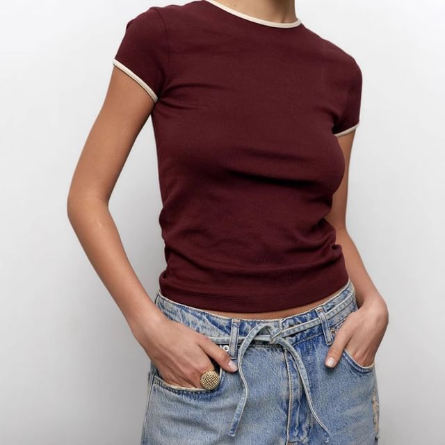 Crop Neck Trim Short-Sleeve Contrast Tee Fit Crew Slim