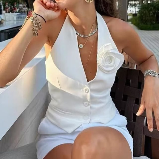 Single-Breasted Halter Crop Back Flower V-Neck Vest Accent Plain Open