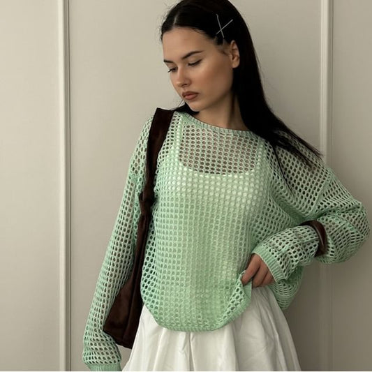 Round Plain Long-Sleeve Knit Perforated Top Neck