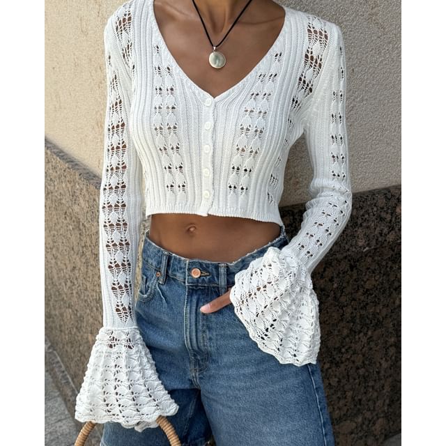 Plain V-Neck Crop Flared-Cuff Cardigan Perforated Button-Up