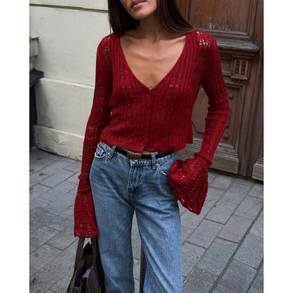 Plain V-Neck Crop Flared-Cuff Cardigan Perforated Button-Up