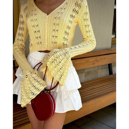 Plain V-Neck Crop Flared-Cuff Cardigan Perforated Button-Up