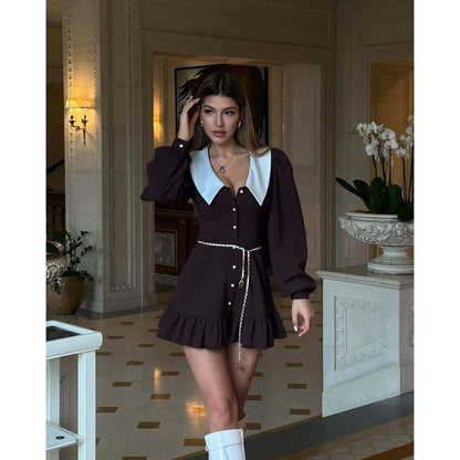 Dress A-Line Mini Ruffle Long-Sleeve Hem Contrast Collar Button-Up