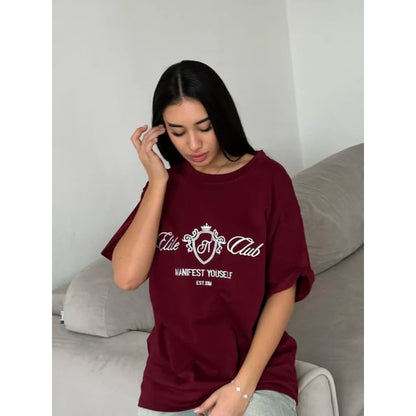 Lettering Elbow-Sleeve Neck Crew Embroidered Tee
