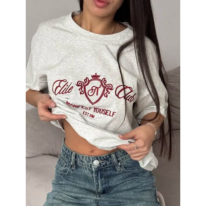 Lettering Elbow-Sleeve Neck Crew Embroidered Tee