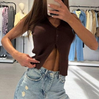 Crop Plain Slit V-Neck Button-Up Vest Sweater