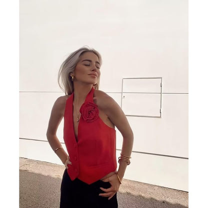 Single-Breasted Halter Crop Back Flower V-Neck Vest Accent Plain Open