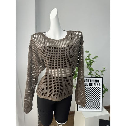 Round Plain Long-Sleeve Knit Perforated Top Neck
