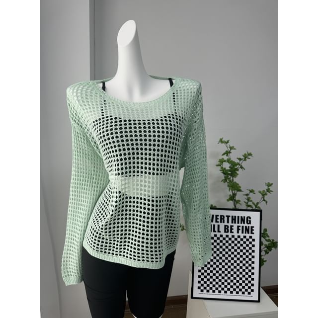 Round Plain Long-Sleeve Knit Perforated Top Neck