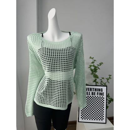 Round Plain Long-Sleeve Knit Perforated Top Neck