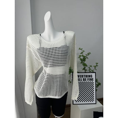 Round Plain Long-Sleeve Knit Perforated Top Neck