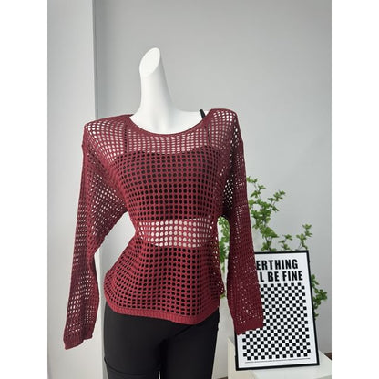 Round Plain Long-Sleeve Knit Perforated Top Neck