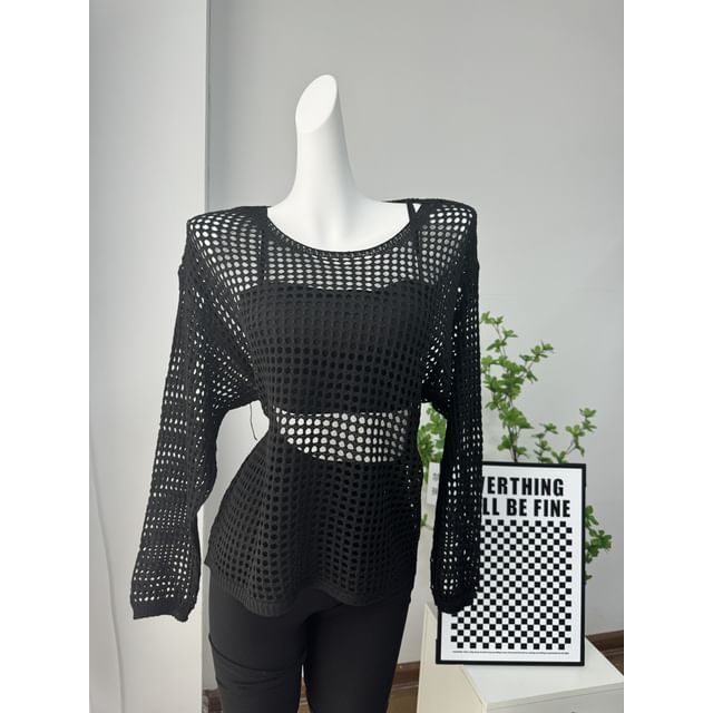 Round Plain Long-Sleeve Knit Perforated Top Neck