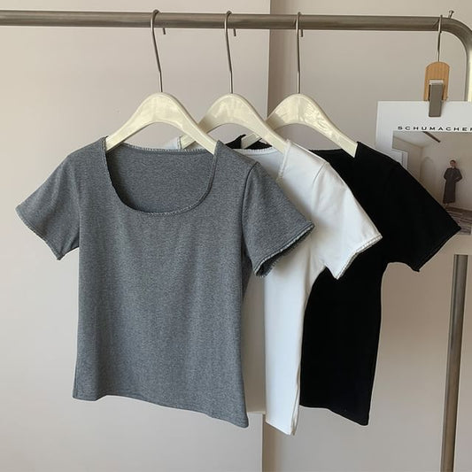 Square-Neck Plain Tee, Short-Sleeved
