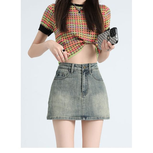 Mid Rise Washed Denim Skort
