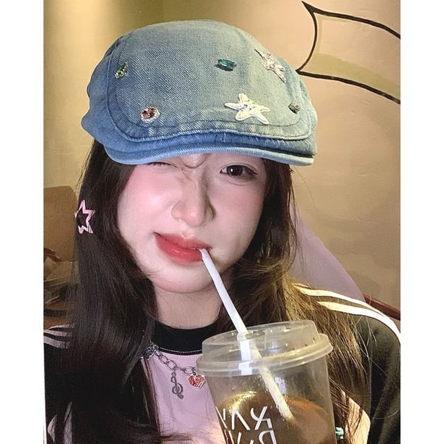 Cap Embellished Denim Flat