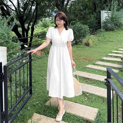 Plus Size Short-Sleeve V-Neck Plain Midi A-Line Dress