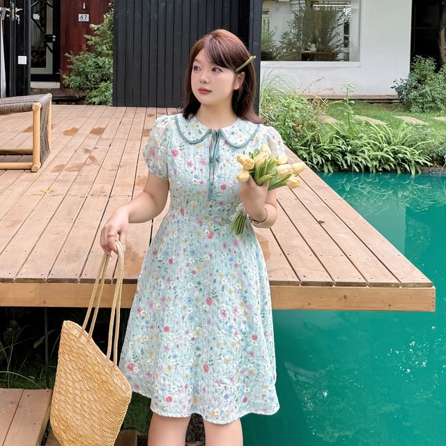 Plus Size Puff-Sleeve Collar Floral Embroidered Bow A-Line Dress