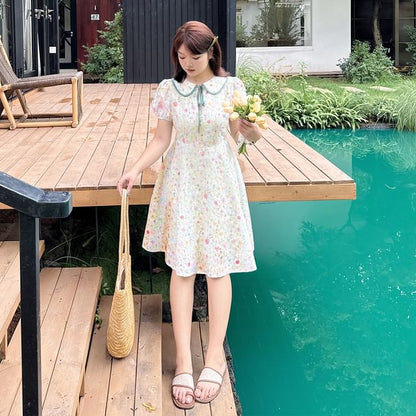 Plus Size Puff-Sleeve Collar Floral Embroidered Bow A-Line Dress