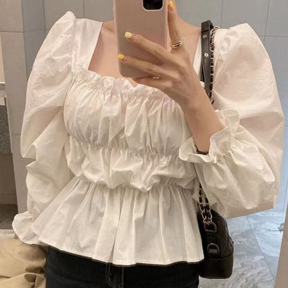 Smocked Square Neck Flowy Long-Sleeved Plain Blouse