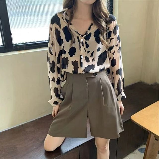 Leopard Printed Long-Sleeved Button Shirt
