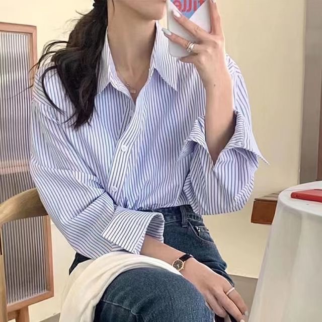 Asymmetric Striped Long-Sleeved Blouse