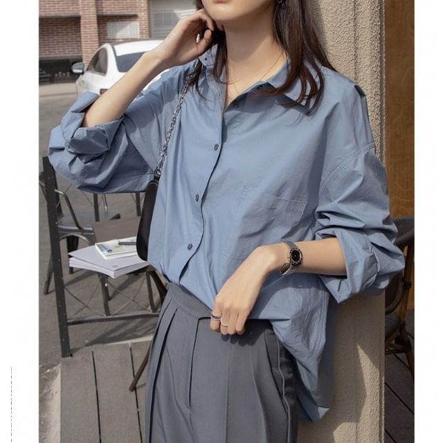 Relaxed Fit Plain Long-Sleeved Shirt
