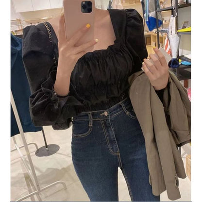 Smocked Square Neck Flowy Long-Sleeved Plain Blouse