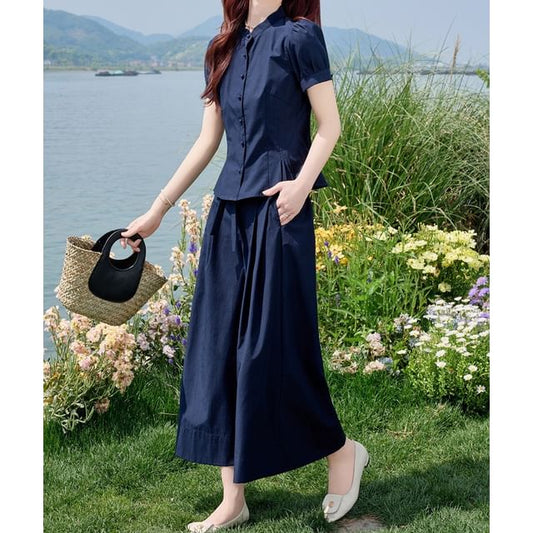 Puff-Sleeved Peplum Shirt & Wide-Leg High-Rise Pants Set