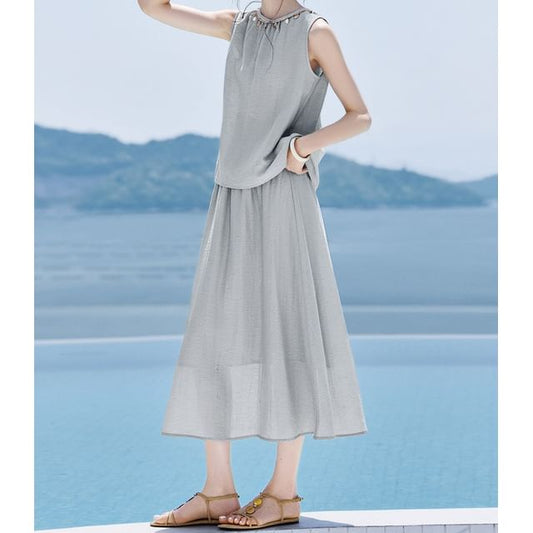 Round Neck Blouse & High-Rise Midi A-Line Skirt Set