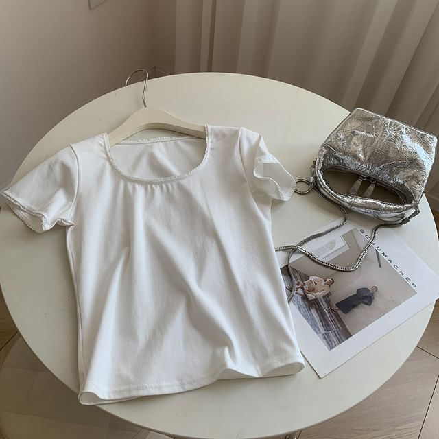 Square-Neck Plain Tee, Short-Sleeved