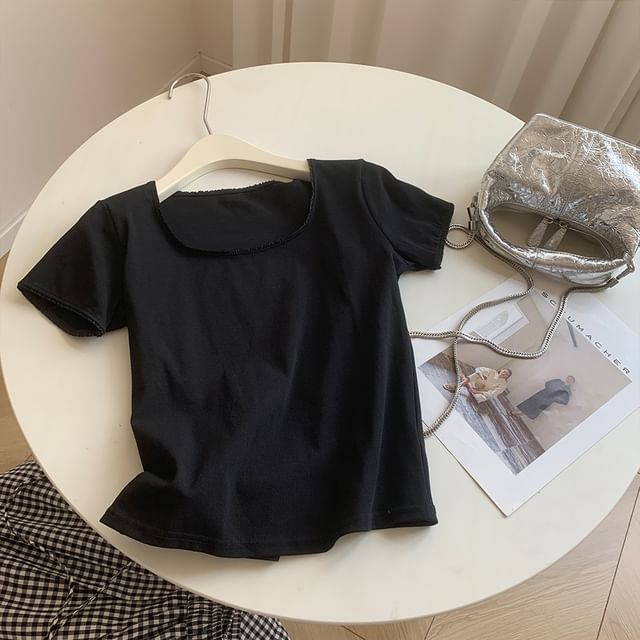 Square-Neck Plain Tee, Short-Sleeved