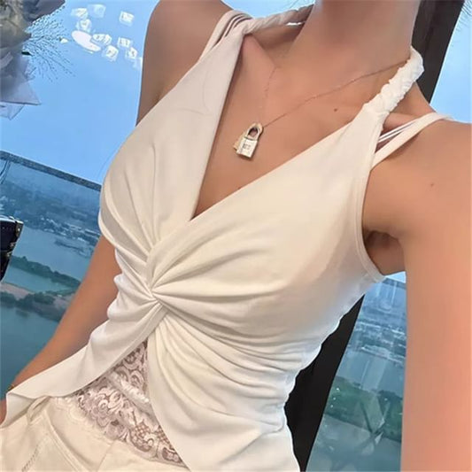 Slim-Fit Lace-Paneled Knot Halter Tank, Sleeveless