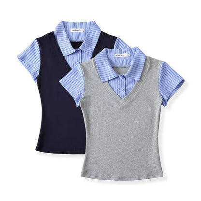 Mock-Layer Striped V-Neck Top, Short-Sleeved Slim Fit