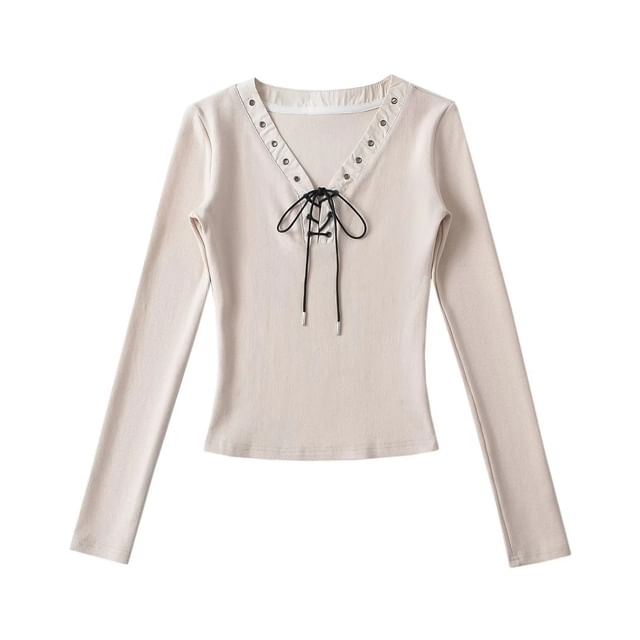 Lace-Up V-Neck Slim Top, Long-Sleeved