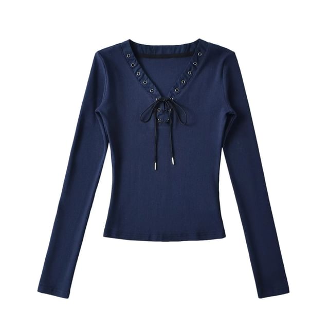 Lace-Up V-Neck Slim Top, Long-Sleeved