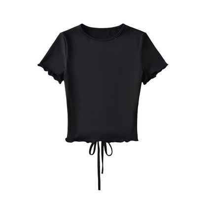 Open-Back Crew-Neck Slim Top with Short Sleeves