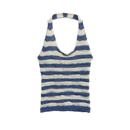 Striped Open-Back Halter Knit Tank Top
