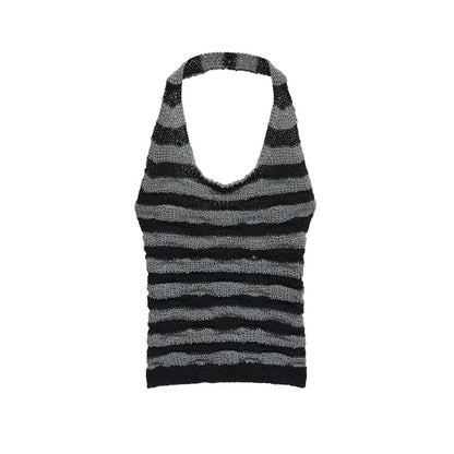 Striped Open-Back Halter Knit Tank Top