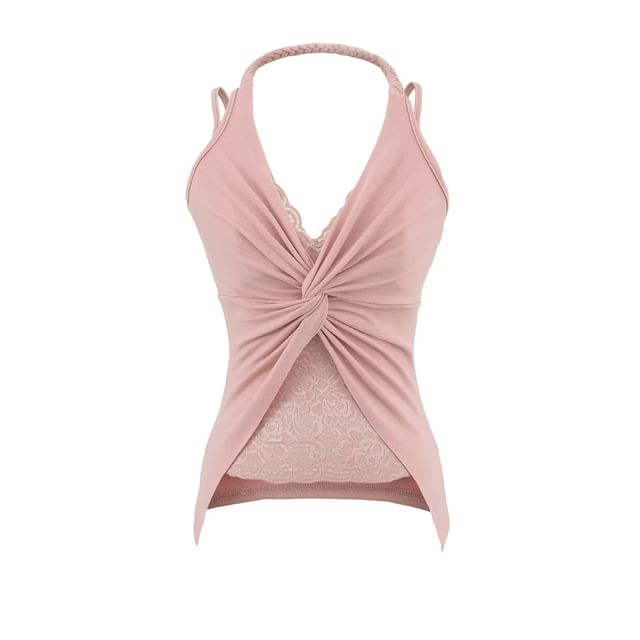 Slim-Fit Lace-Paneled Knot Halter Tank, Sleeveless