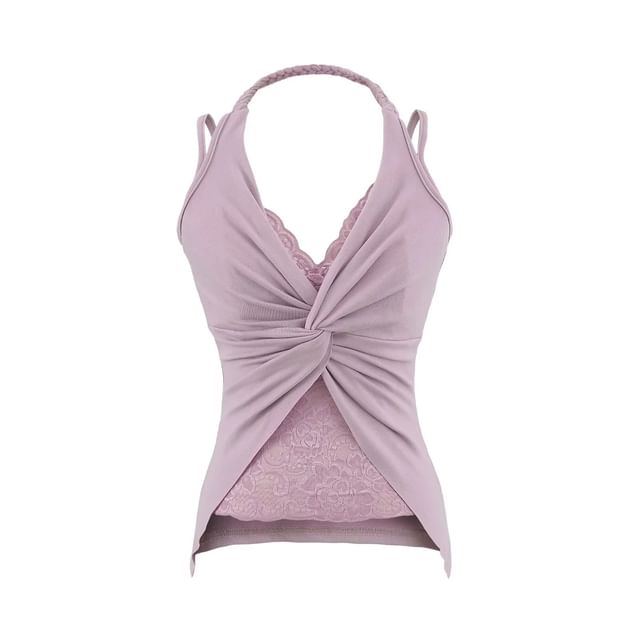 Slim-Fit Lace-Paneled Knot Halter Tank, Sleeveless