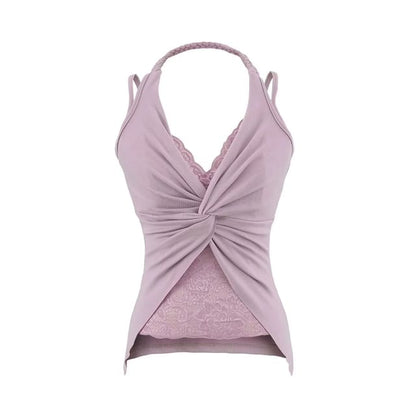 Slim-Fit Lace-Paneled Knot Halter Tank, Sleeveless