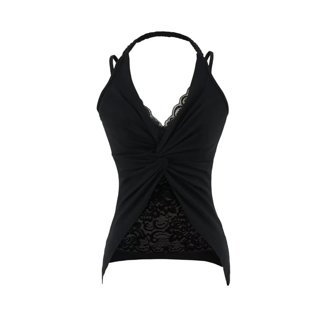 Slim-Fit Lace-Paneled Knot Halter Tank, Sleeveless
