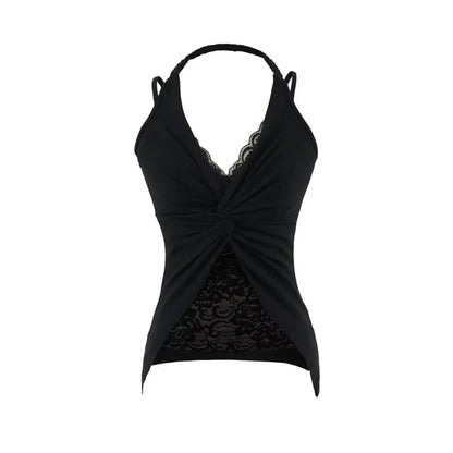 Slim-Fit Lace-Paneled Knot Halter Tank, Sleeveless