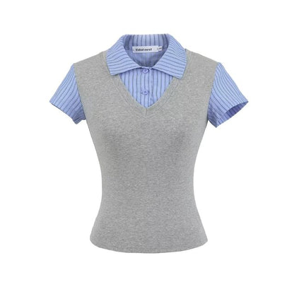 Mock-Layer Striped V-Neck Top, Short-Sleeved Slim Fit