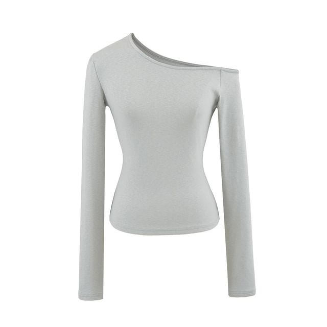 Cold-Shoulder Plain Slim Tee, Long-Sleeved
