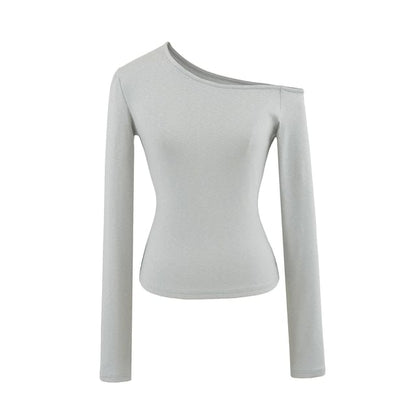 Cold-Shoulder Plain Slim Tee, Long-Sleeved
